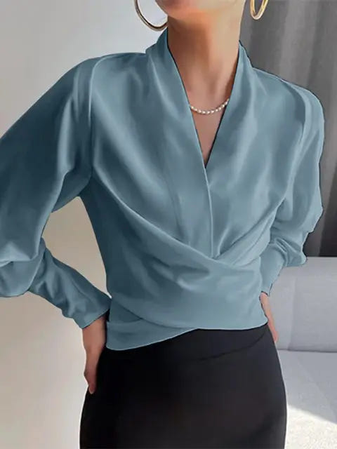 Camille | Women's Elegant Draped Wrap V-Neck Long Puff Sleeve Blouse