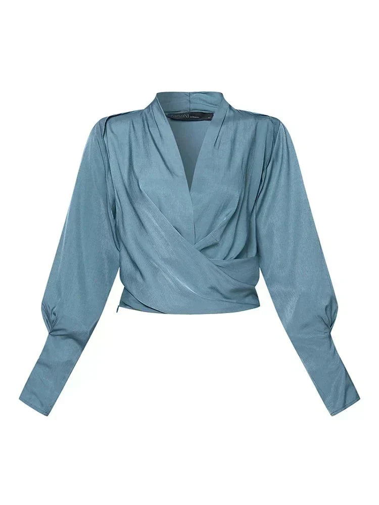 Camille | Women's Elegant Draped Wrap V-Neck Long Puff Sleeve Blouse