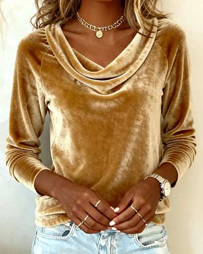 Elysande | Women's Relaxed Fit Velvet Cowl Neck Long Sleeve Blouse