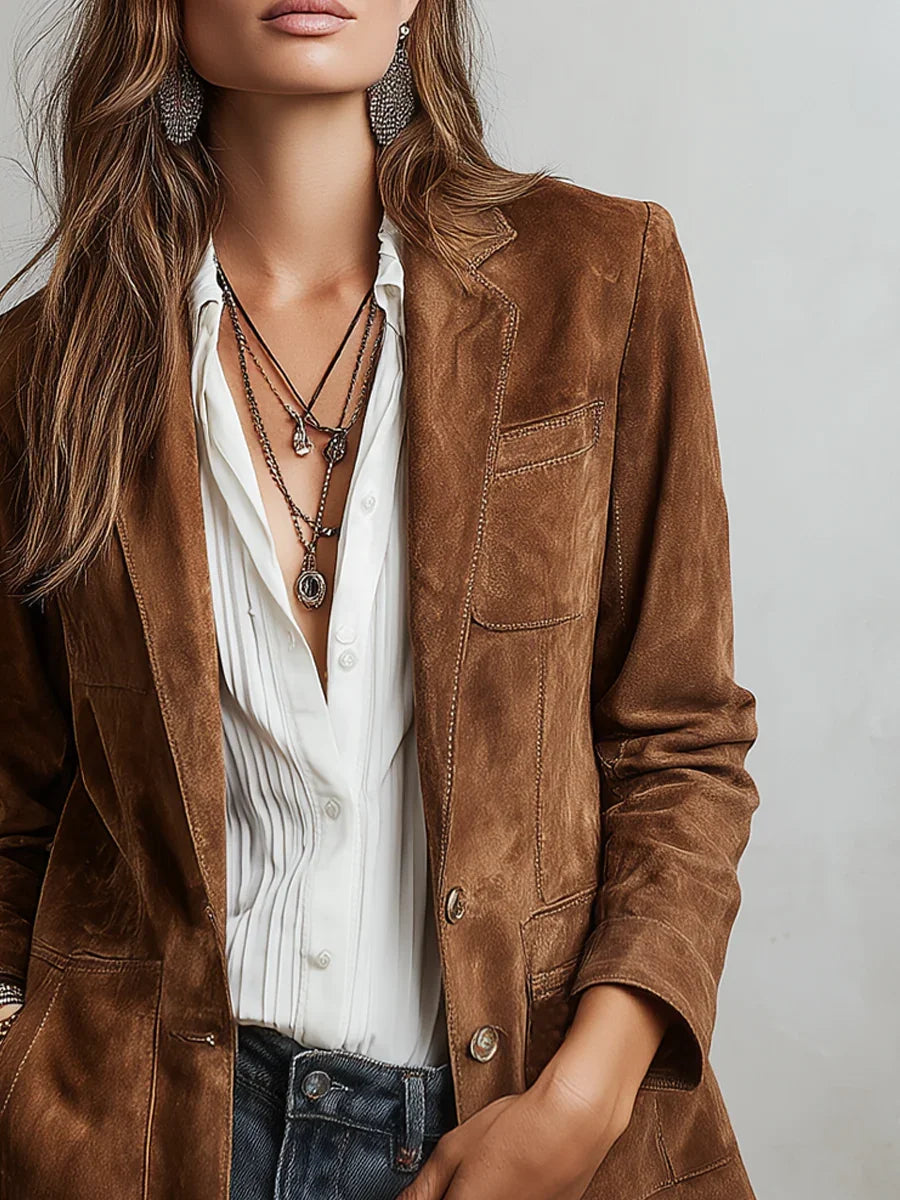 Effie | Women's Brown Single-Breasted Notch Lapel Patch Pocket Blazer
