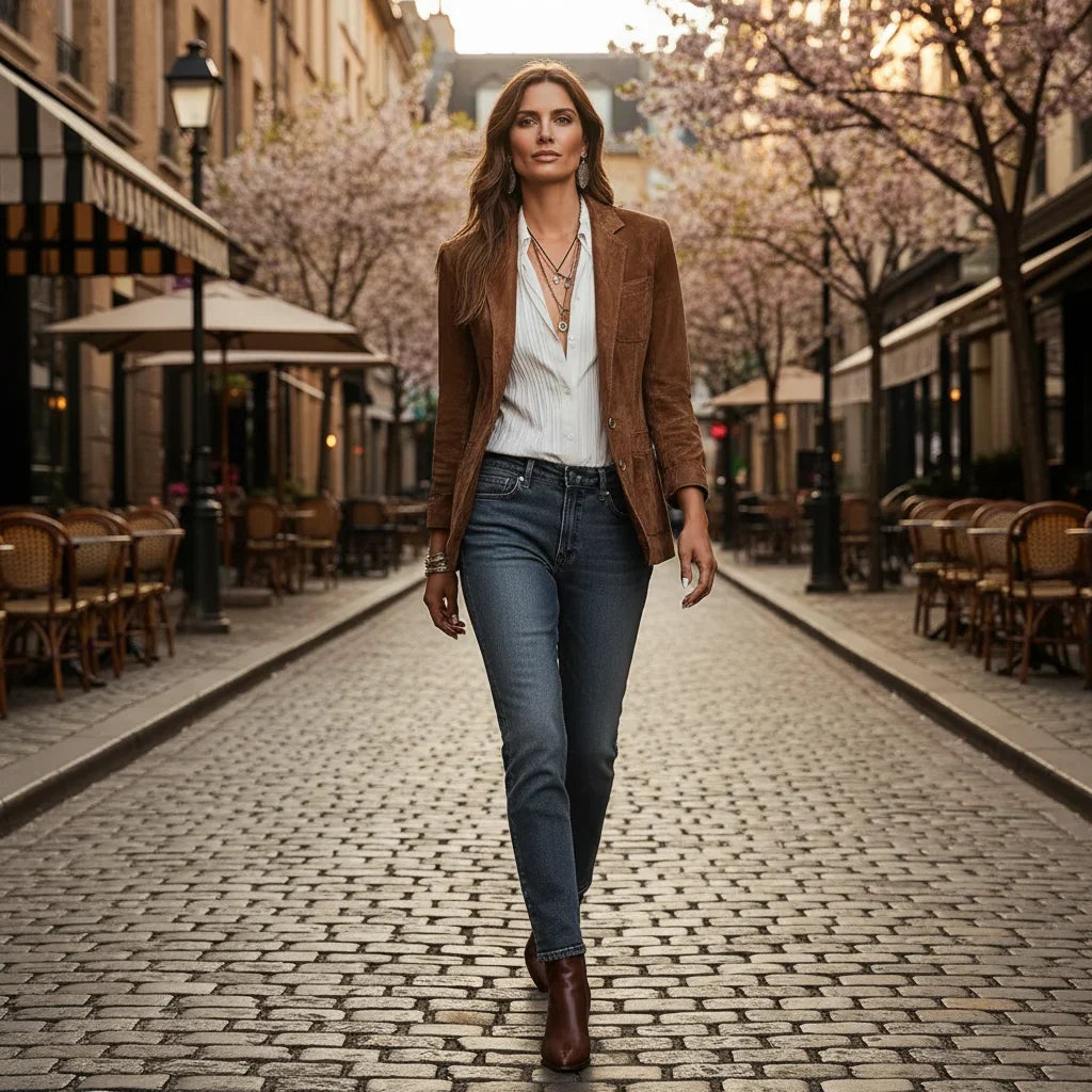 Effie | Women's Brown Single-Breasted Notch Lapel Patch Pocket Blazer