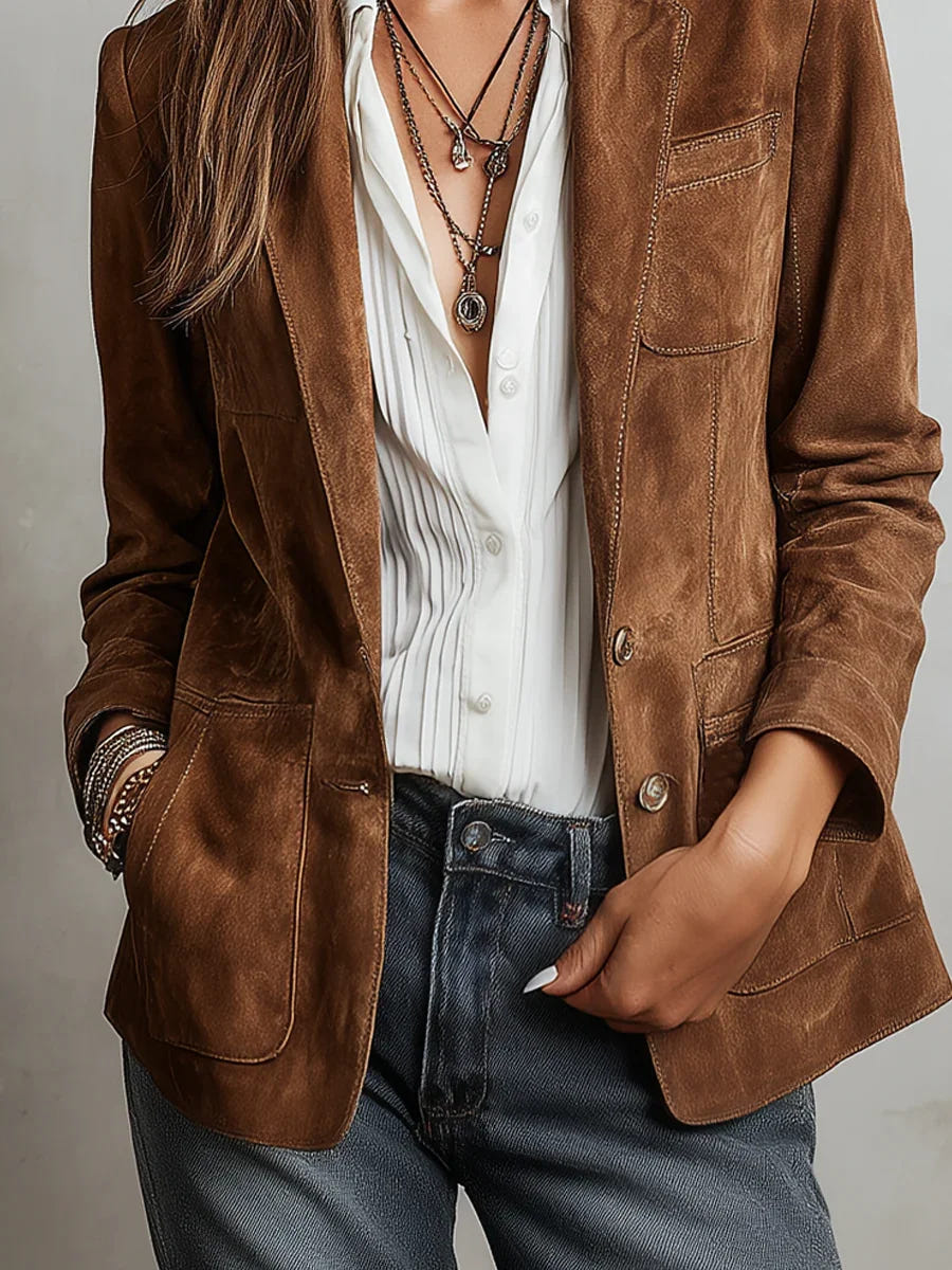 Effie | Women's Brown Single-Breasted Notch Lapel Patch Pocket Blazer