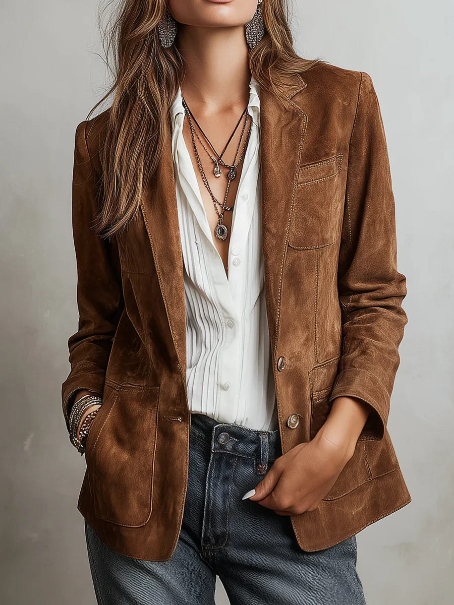 Effie | Women's Brown Single-Breasted Notch Lapel Patch Pocket Blazer