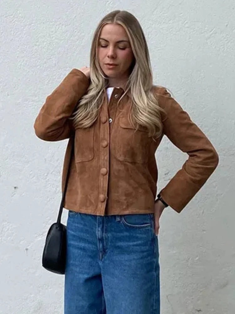 Giselle | Women's Suede-Look Brown Cropped Button-Front Chore Jacket