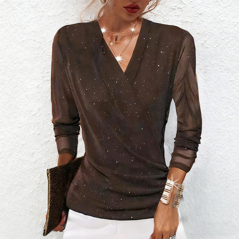 Maribel | Women's V-Neck Long Sleeve Draped Sparkle Blouse