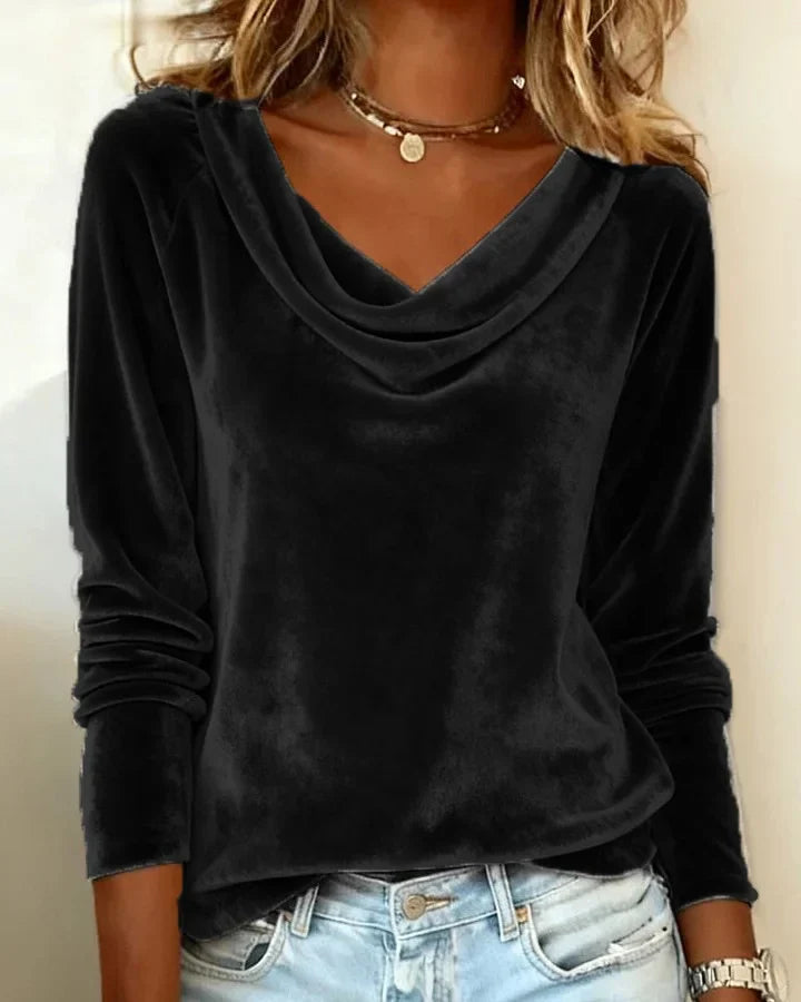 Elysande | Women's Relaxed Fit Velvet Cowl Neck Long Sleeve Blouse