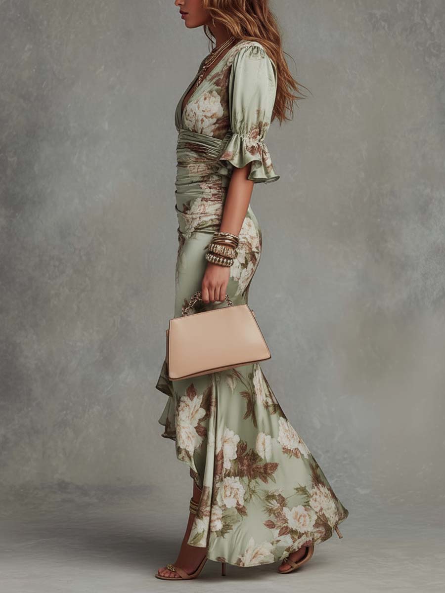 Serilda | Women's Floral Satin V-Neck Ruched Ruffle Hem Maxi Dress