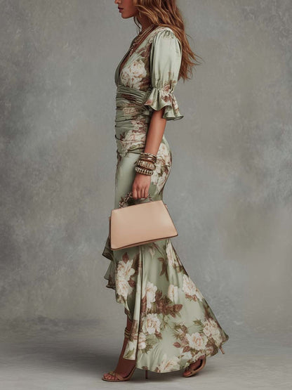 Serilda | Women's Floral Satin V-Neck Ruched Ruffle Hem Maxi Dress