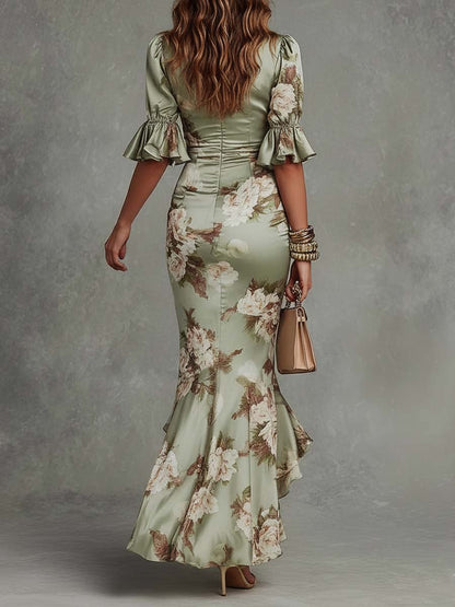 Serilda | Women's Floral Satin V-Neck Ruched Ruffle Hem Maxi Dress