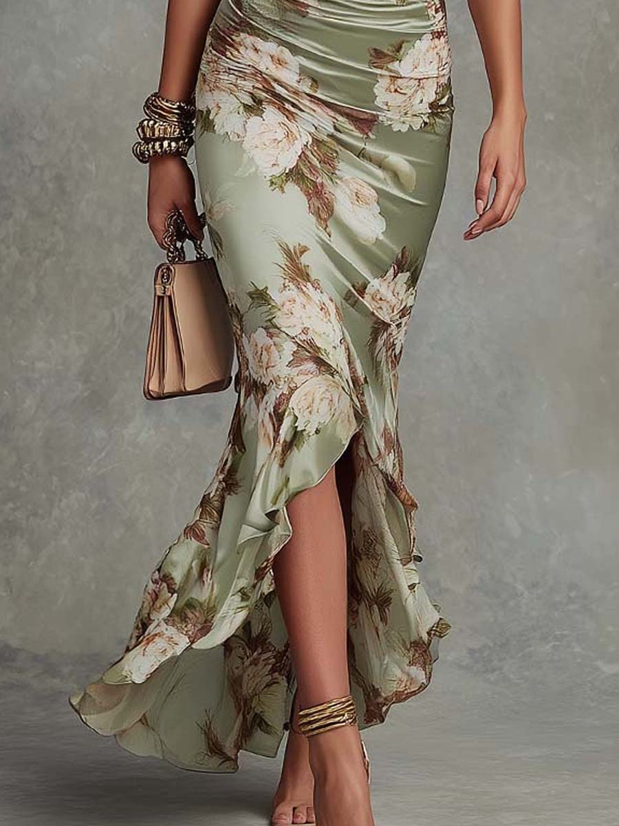 Serilda | Women's Floral Satin V-Neck Ruched Ruffle Hem Maxi Dress