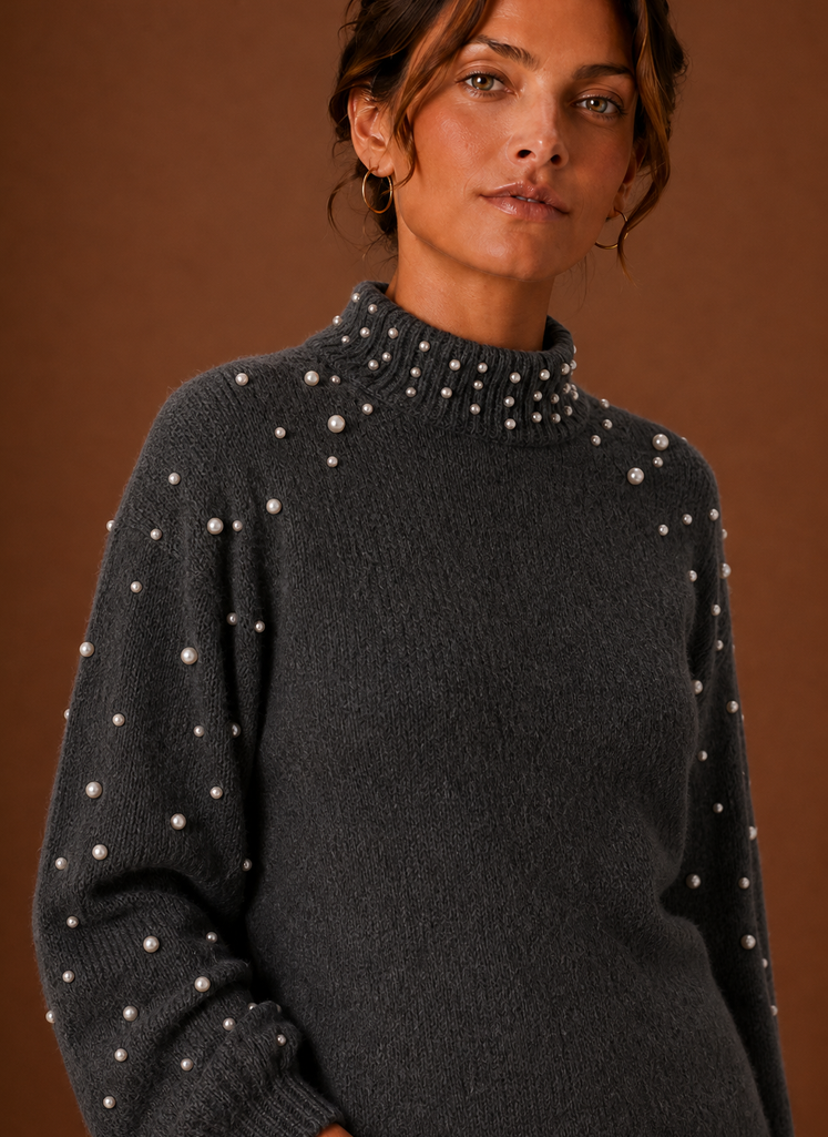Isabeau | Women's Knit Pearl Embellished Turtleneck Sweater