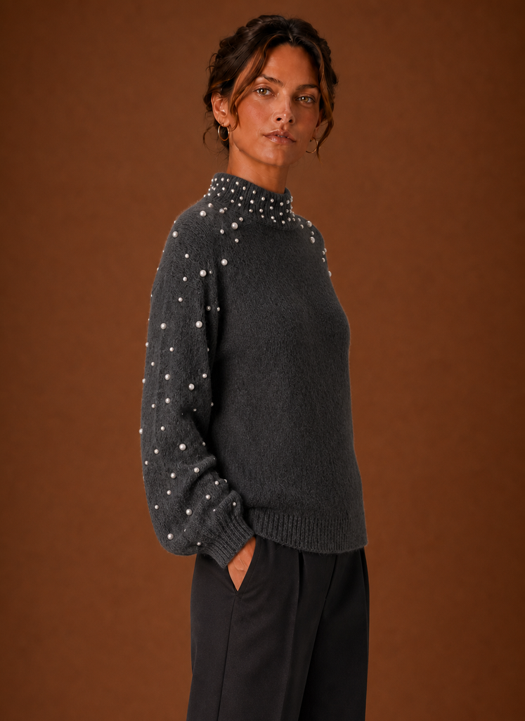 Isabeau | Women's Knit Pearl Embellished Turtleneck Sweater