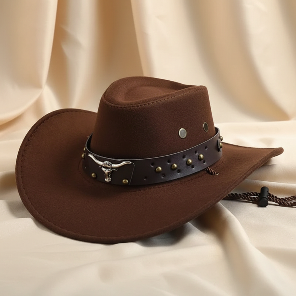 Suede Western Cowboy Hats with Bull Head Band