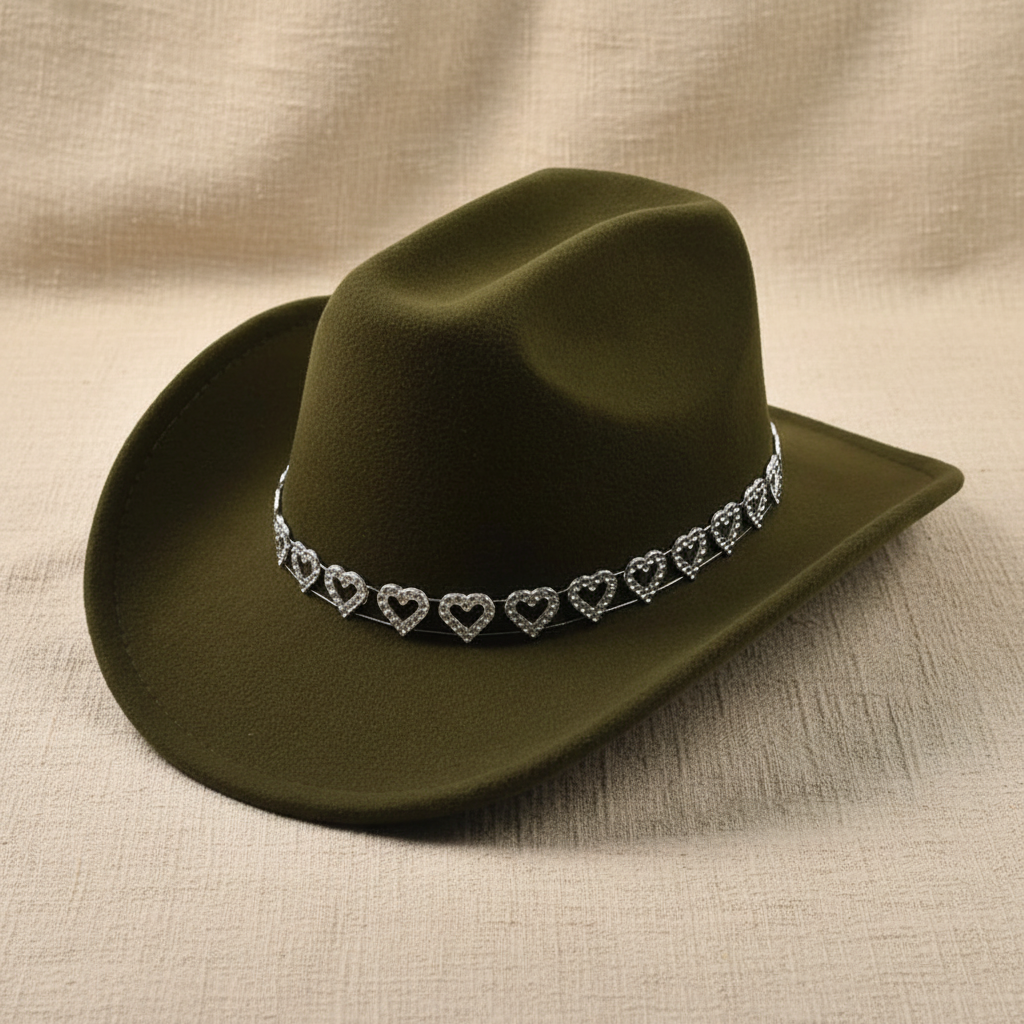 Wide Brim Cowboy Hats with Rhinestone Heart Band