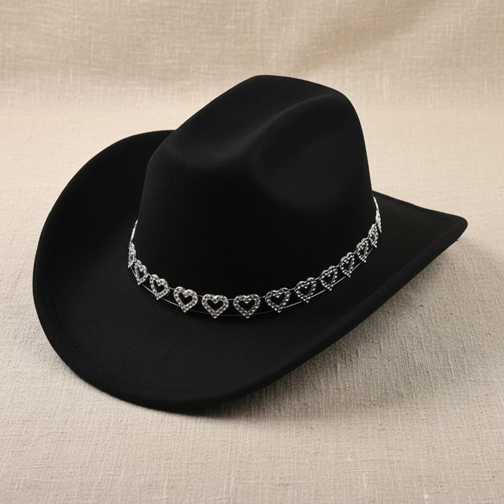 Wide Brim Cowboy Hats with Rhinestone Heart Band