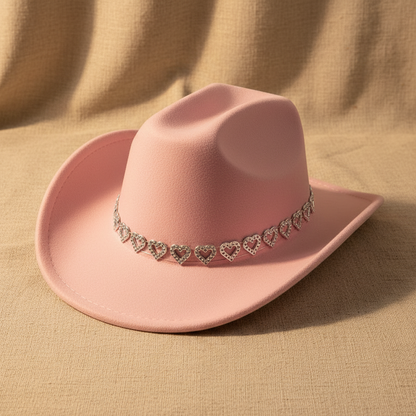 Wide Brim Cowboy Hats with Rhinestone Heart Band