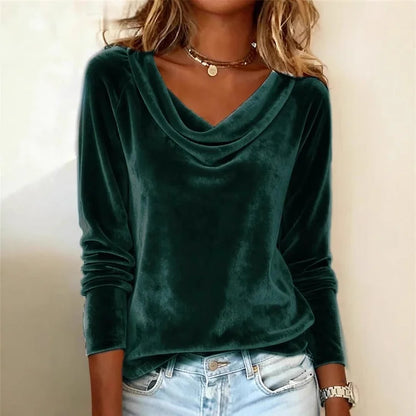 Elysande | Women's Relaxed Fit Velvet Cowl Neck Long Sleeve Blouse
