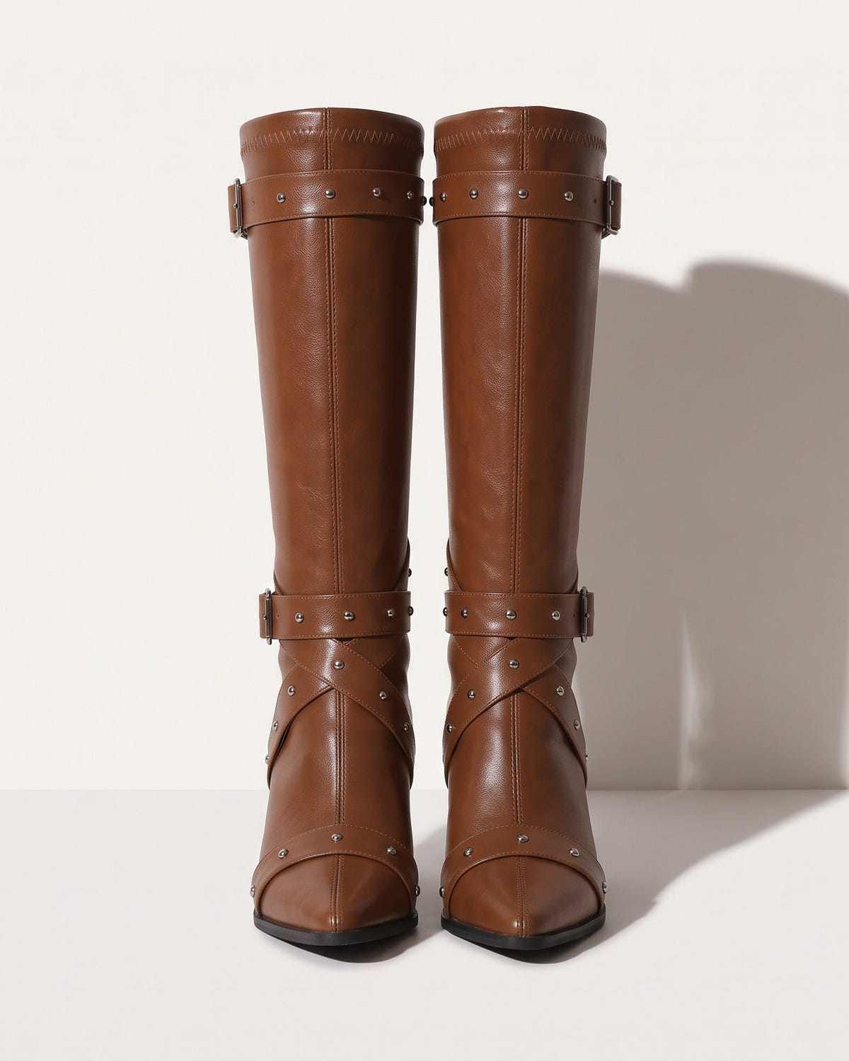 Fernande | Women's Studded Buckle Faux Leather Pointed Toe Block Heel Knee High Boot