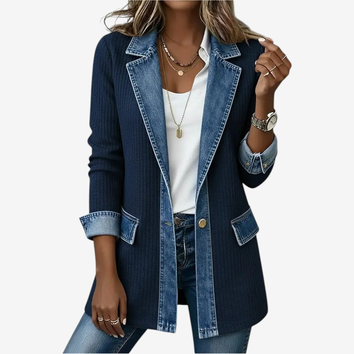 Elaine | Women's Ribbed Knit Denim Trim Lapel Collar Button Jacket