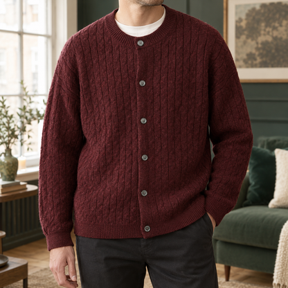 Brennan | Men's Relaxed Cable Knit Crew Neck Button Up Cardigan Sweater