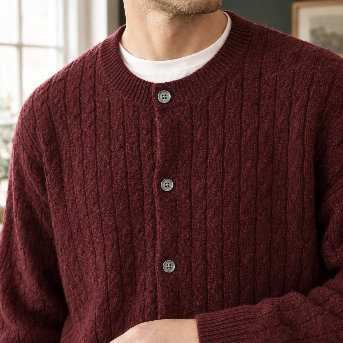 Brennan | Men's Relaxed Cable Knit Crew Neck Button Up Cardigan Sweater
