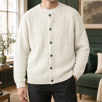 Brennan | Men's Relaxed Cable Knit Crew Neck Button Up Cardigan Sweater