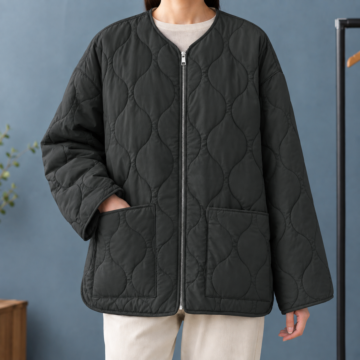 Aubrey | Women's Collarless Oversized Patch Pocket Quilted Jacket