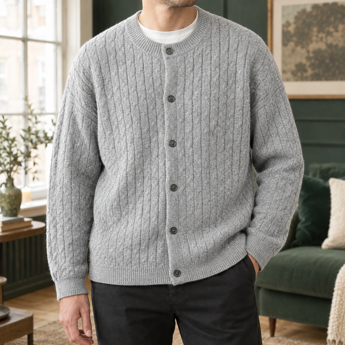 Brennan | Men's Relaxed Cable Knit Crew Neck Button Up Cardigan Sweater