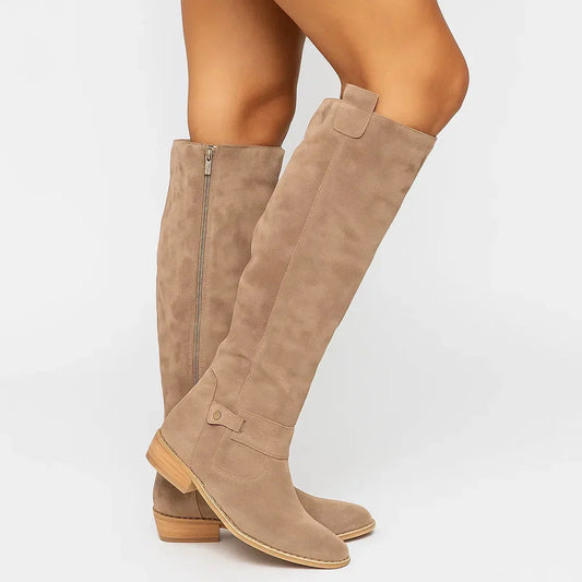 Fatima | Women's Knee-High Side Zip Low Block Heel Boot