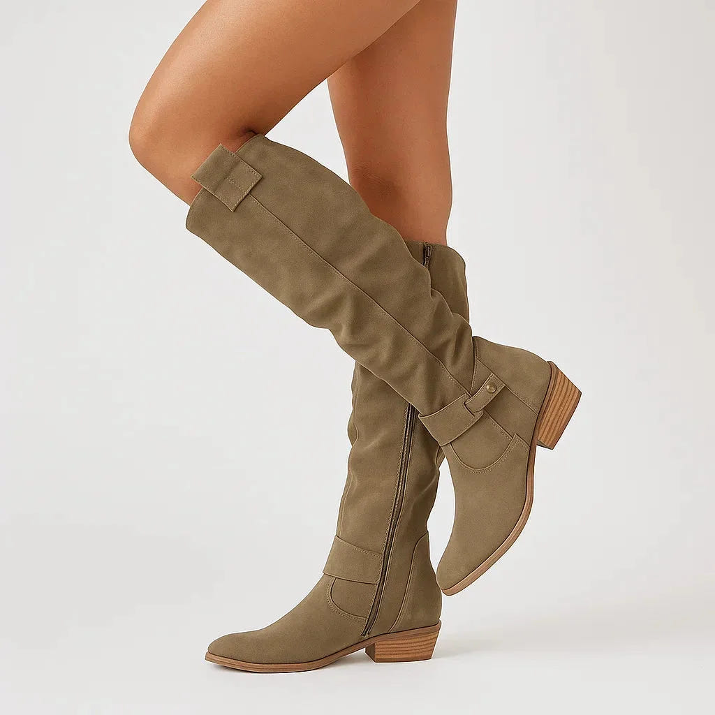 Fatima | Women's Knee-High Side Zip Low Block Heel Boot