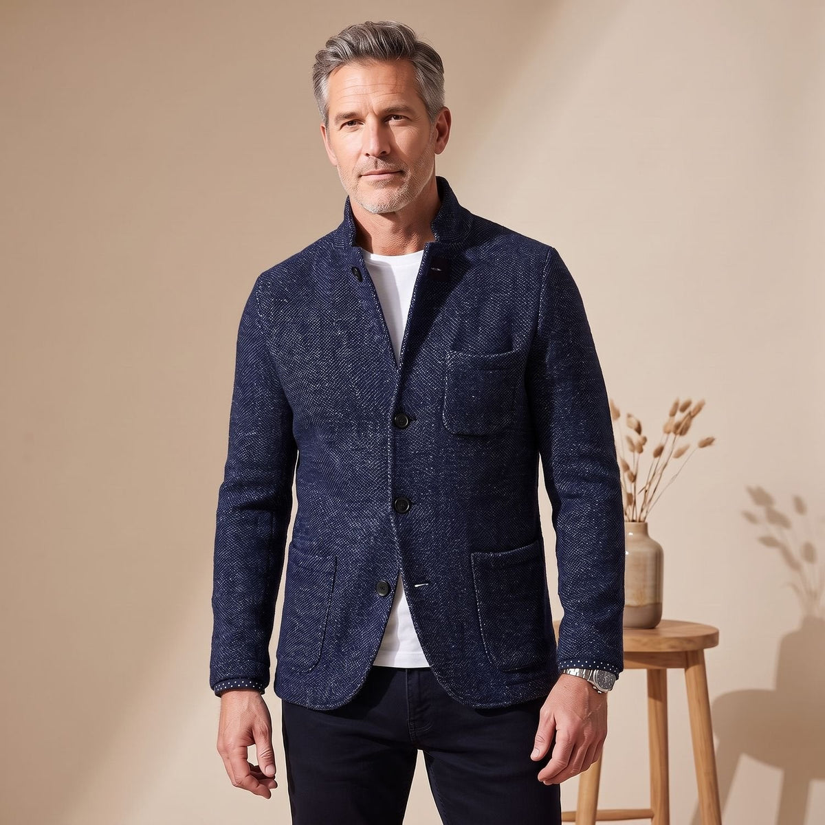Donovan | Men's Slim Fit Stand Collar Knit Button Up Cardigan Blazer