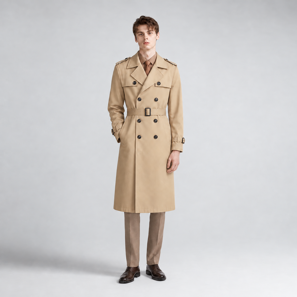 August | Men's Classic Double-Breasted Belted Long Trench Coat