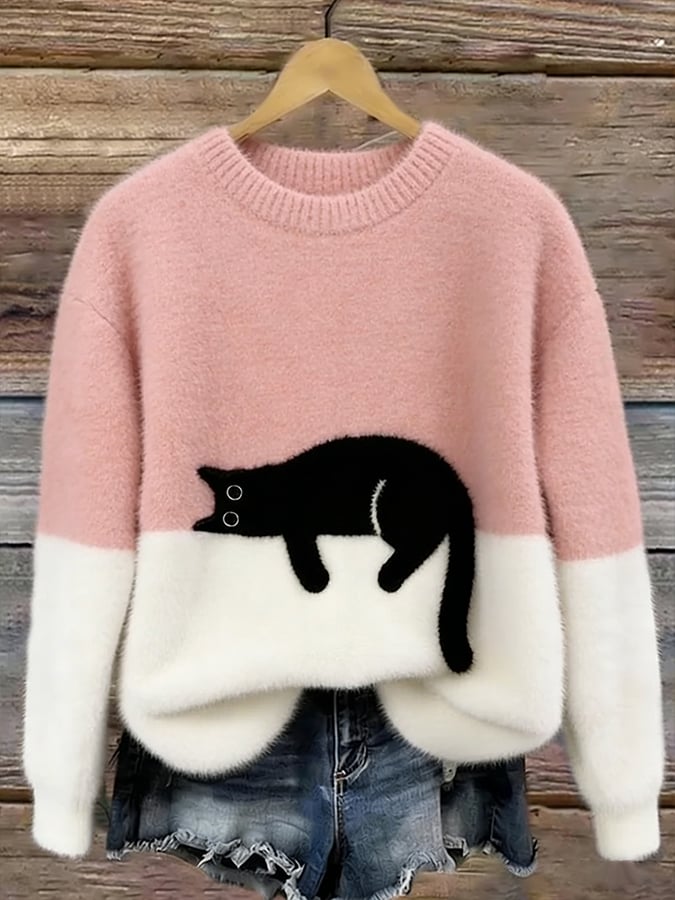 Ariana | Women's Cozy Fuzzy Colour Block Crew Neck Cute Pullover Sweater