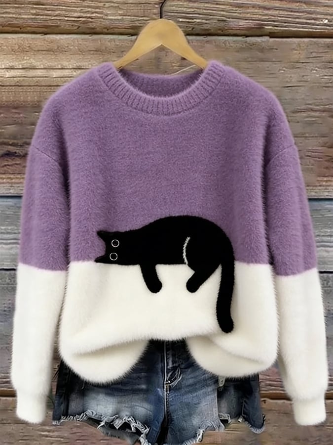 Ariana | Women's Cozy Fuzzy Colour Block Crew Neck Cute Pullover Sweater