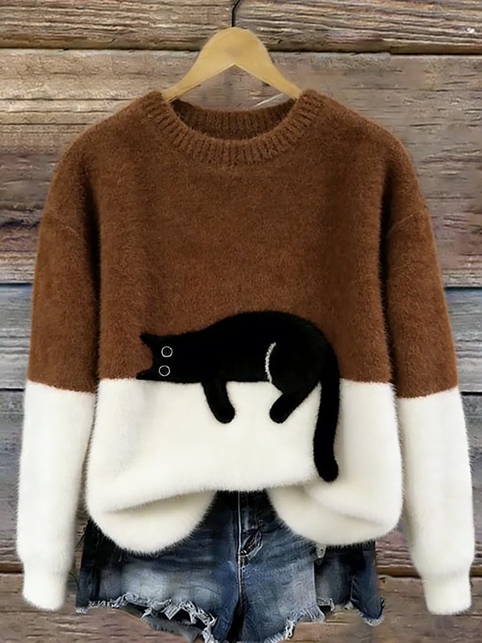 Ariana | Women's Cozy Fuzzy Colour Block Crew Neck Cute Pullover Sweater