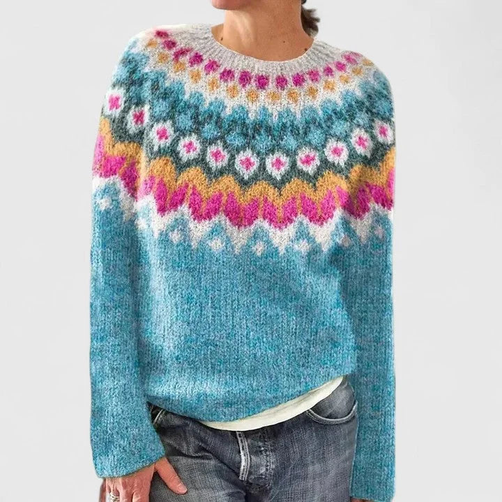 Dulcie | Women's Fair Isle Crew Neck Long Sleeve Knit Pullover Sweater