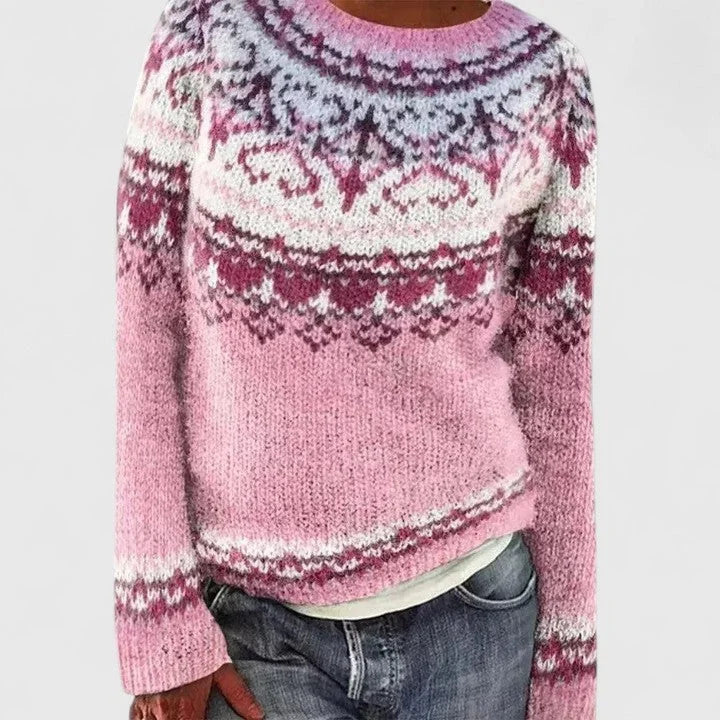 Dulcie | Women's Fair Isle Crew Neck Long Sleeve Knit Pullover Sweater