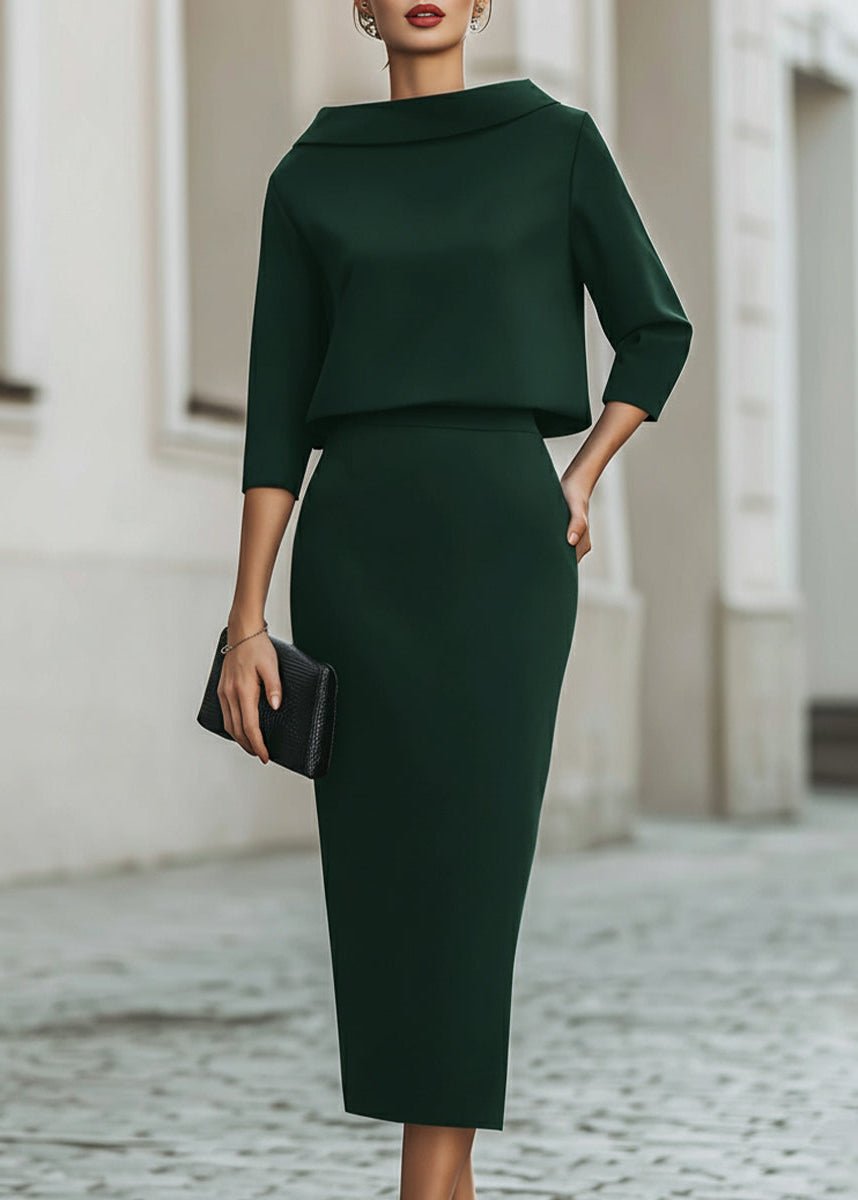 Evelyn | Women's Boat Neck 3/4 Sleeve Two Piece Midi Pencil Skirt Set
