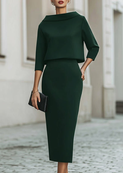 Evelyn | Women's Boat Neck 3/4 Sleeve Two Piece Midi Pencil Skirt Set