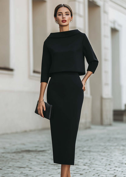 Evelyn | Women's Boat Neck 3/4 Sleeve Two Piece Midi Pencil Skirt Set