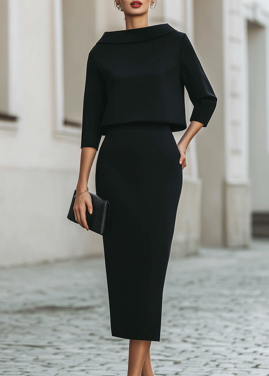 Evelyn | Women's Boat Neck 3/4 Sleeve Two Piece Midi Pencil Skirt Set