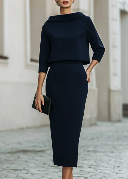 Evelyn | Women's Boat Neck 3/4 Sleeve Two Piece Midi Pencil Skirt Set