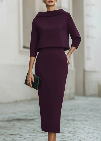 Evelyn | Women's Boat Neck 3/4 Sleeve Two Piece Midi Pencil Skirt Set