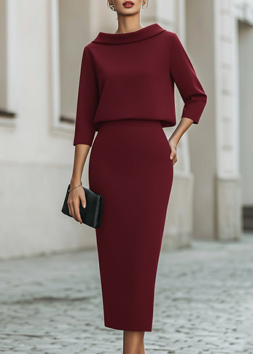 Evelyn | Women's Boat Neck 3/4 Sleeve Two Piece Midi Pencil Skirt Set