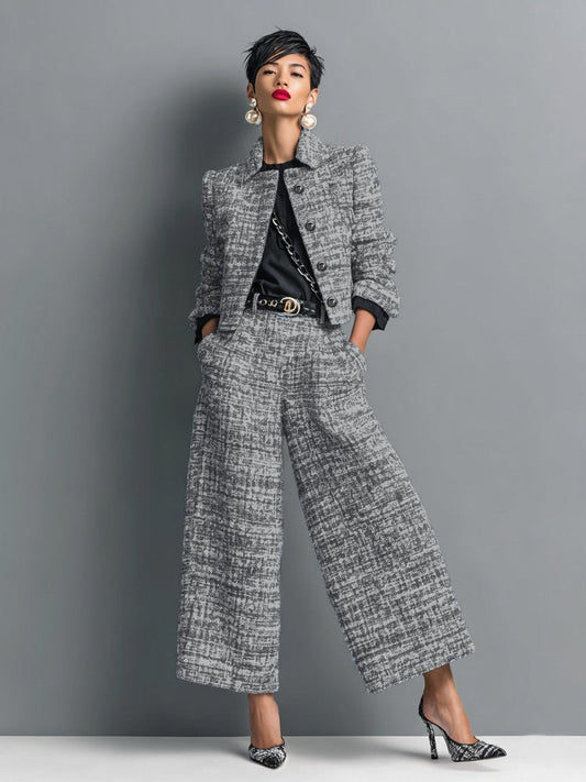 Alberta | Women's Tweed Cropped Jacket and High Waisted Wide Leg Pants Two-Piece Set
