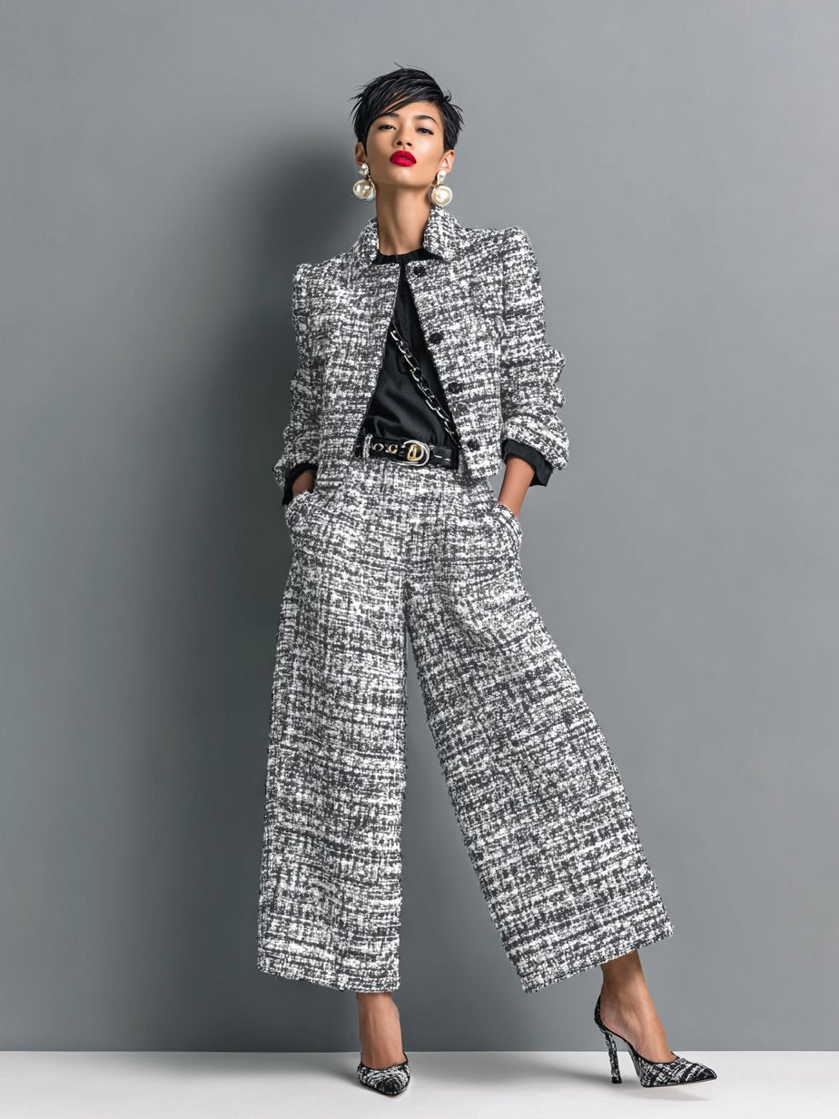 Alberta | Women's Tweed Cropped Jacket and High Waisted Wide Leg Pants Two-Piece Set