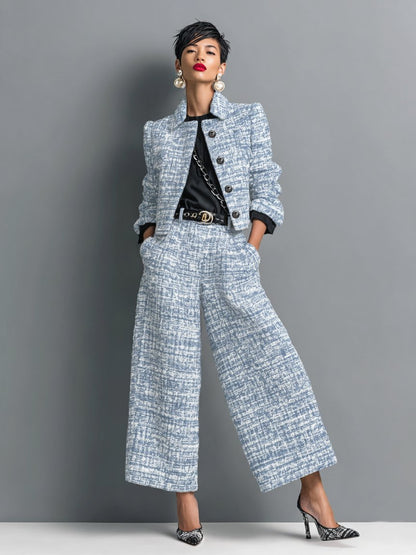 Alberta | Women's Tweed Cropped Jacket and High Waisted Wide Leg Pants Two-Piece Set