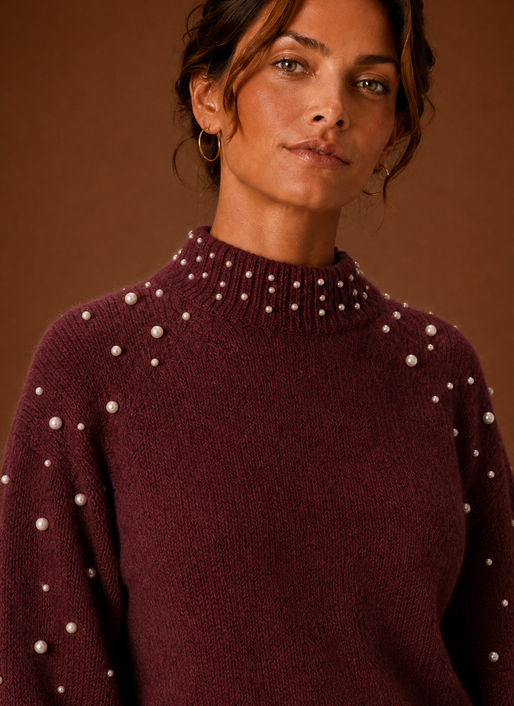 Isabeau | Women's Knit Pearl Embellished Turtleneck Sweater