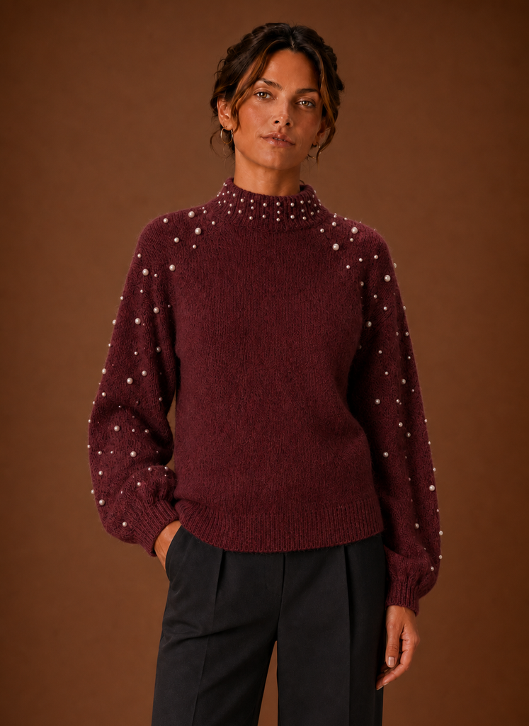 Isabeau | Women's Knit Pearl Embellished Turtleneck Sweater
