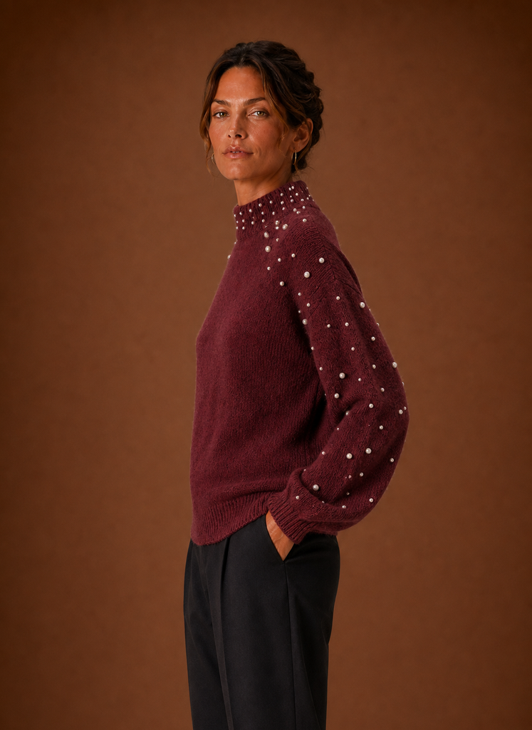 Isabeau | Women's Knit Pearl Embellished Turtleneck Sweater